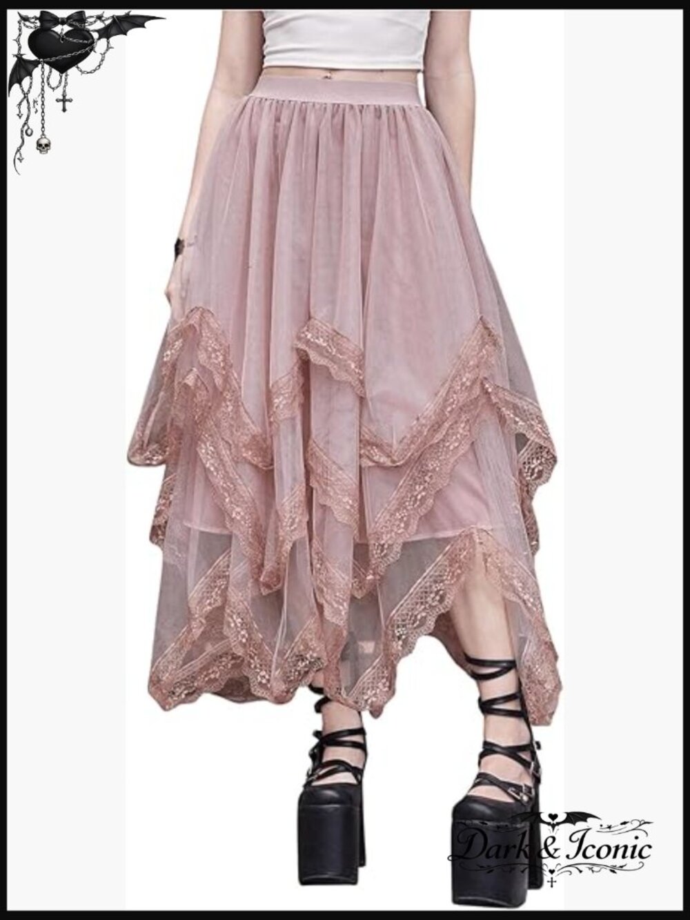 Lace Trim Mesh Tulle Skirt High Waist Asymmetrical Long Goth Maxi Skirt